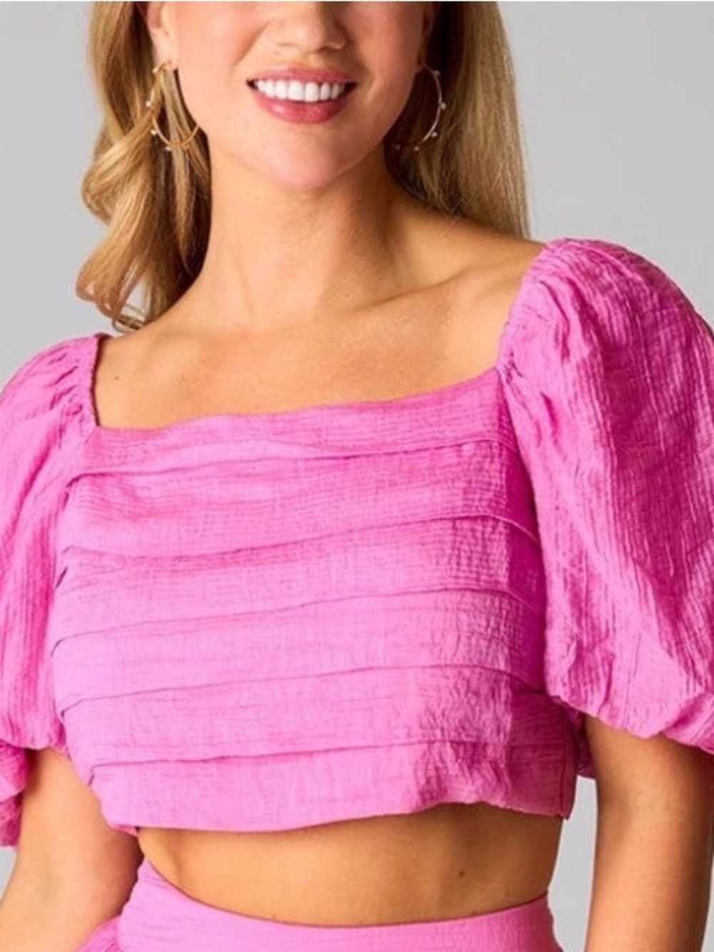 #184 BUDDY LOVE Cutie Bubblegum Pink Square-Neck Puff Sleeve Crop Top NWT M